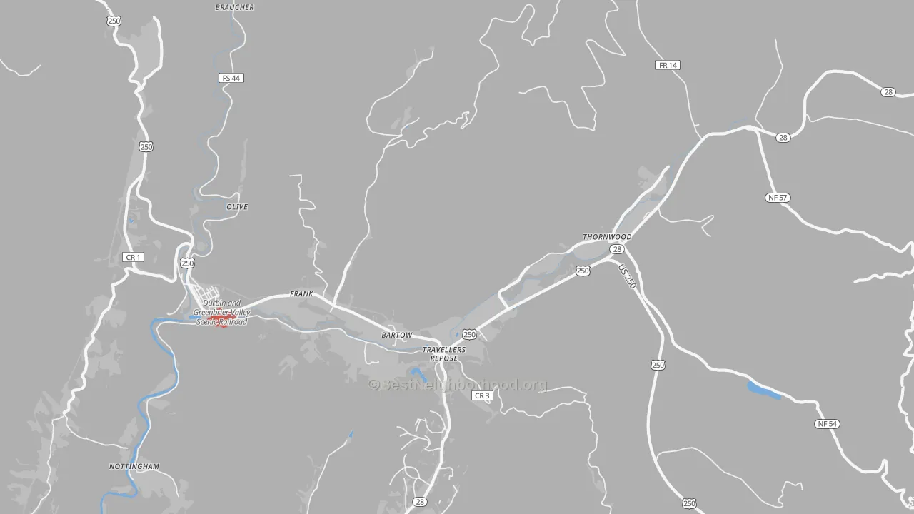 Walk Grade map of 24920, WV, walkable areas in green and car-dependent areas in red