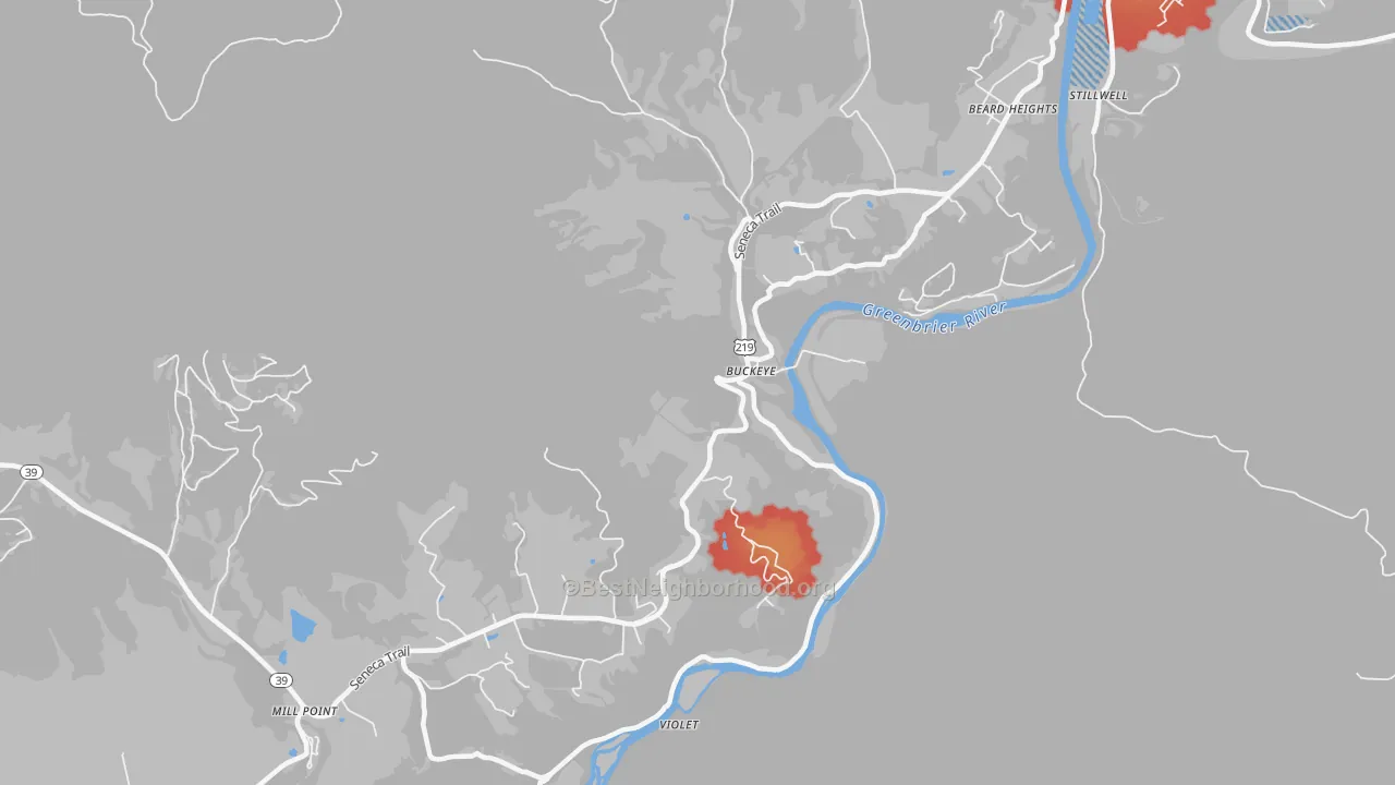 Walk Grade map of 24924, WV, walkable areas in green and car-dependent areas in red