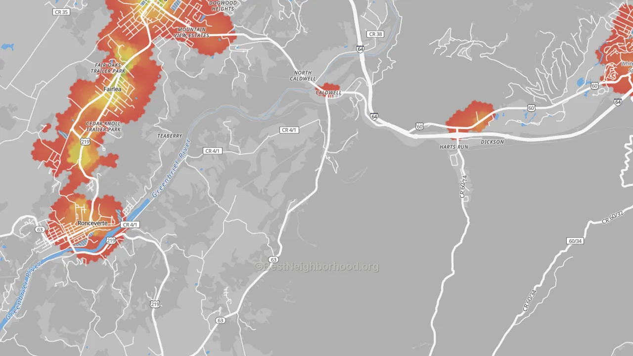 Walk Grade map of 24925, WV, walkable areas in green and car-dependent areas in red