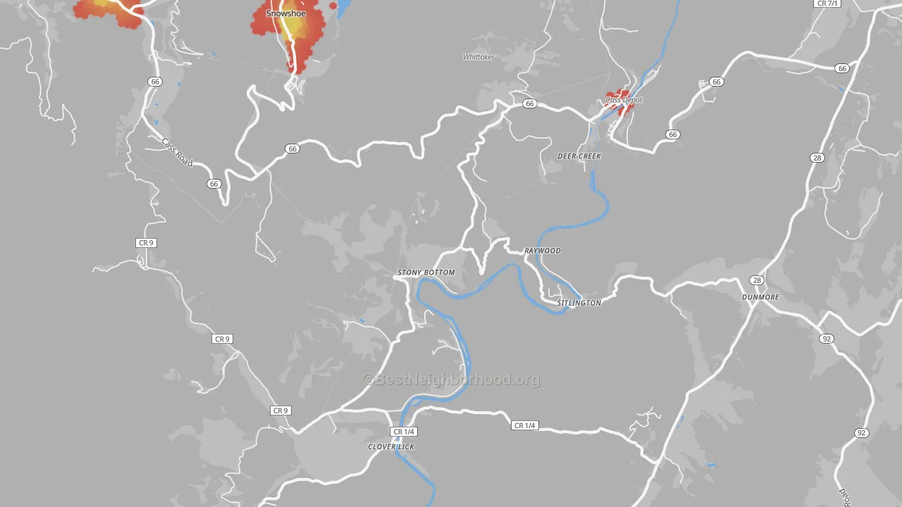Walk Grade map of 24927, WV, walkable areas in green and car-dependent areas in red