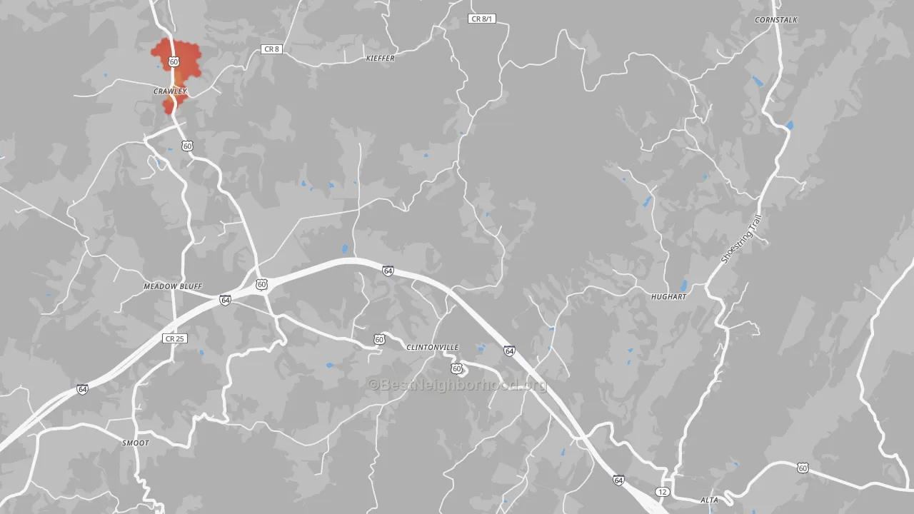 Walk Grade map of 24931, WV, walkable areas in green and car-dependent areas in red