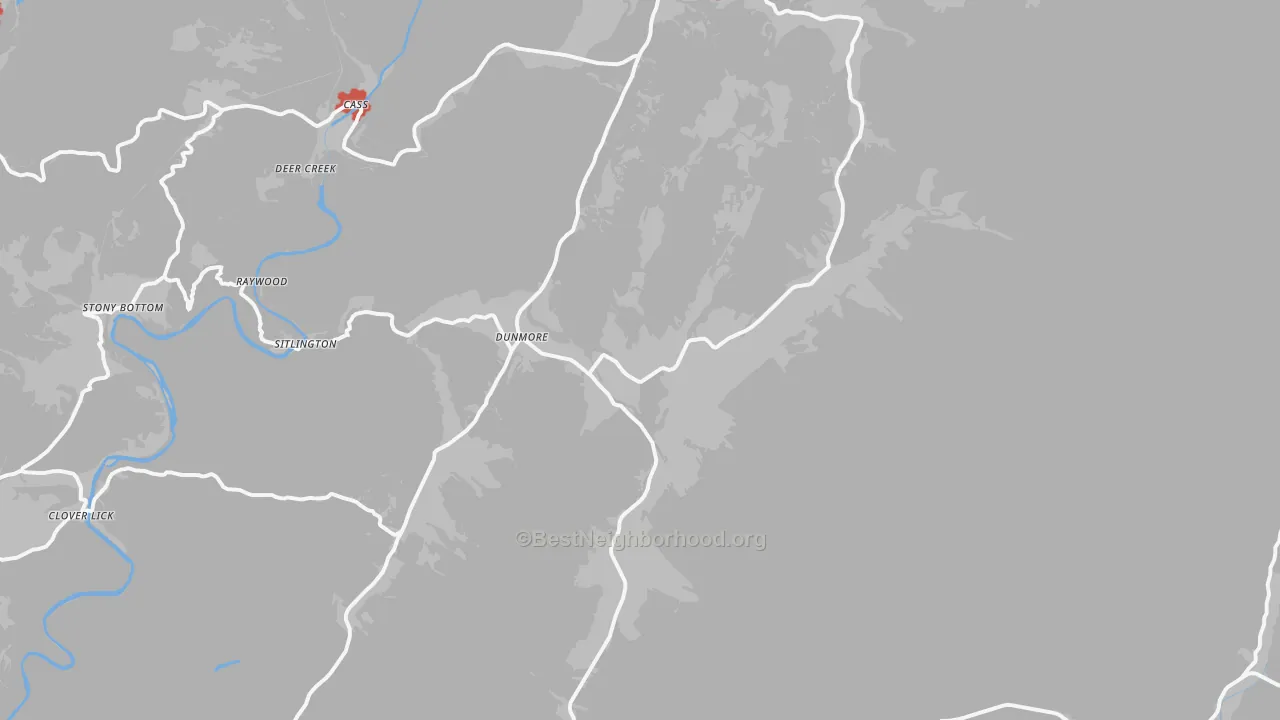 Walk Grade map of 24934, WV, walkable areas in green and car-dependent areas in red