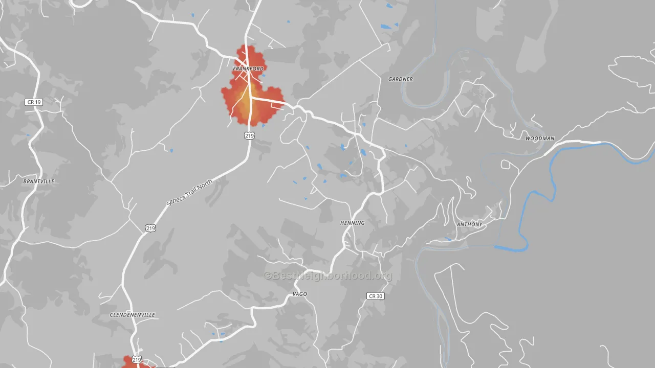 Walk Grade map of 24938, WV, walkable areas in green and car-dependent areas in red