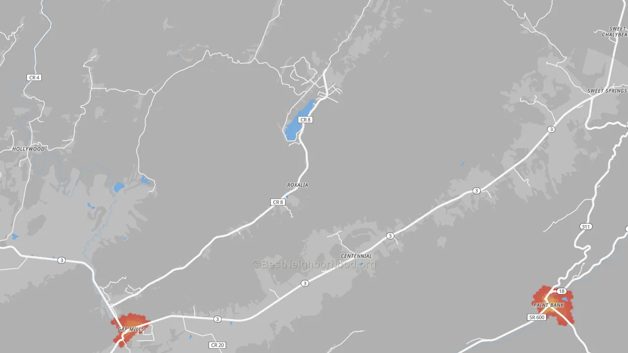 Walk Grade map of 24941, WV, walkable areas in green and car-dependent areas in red