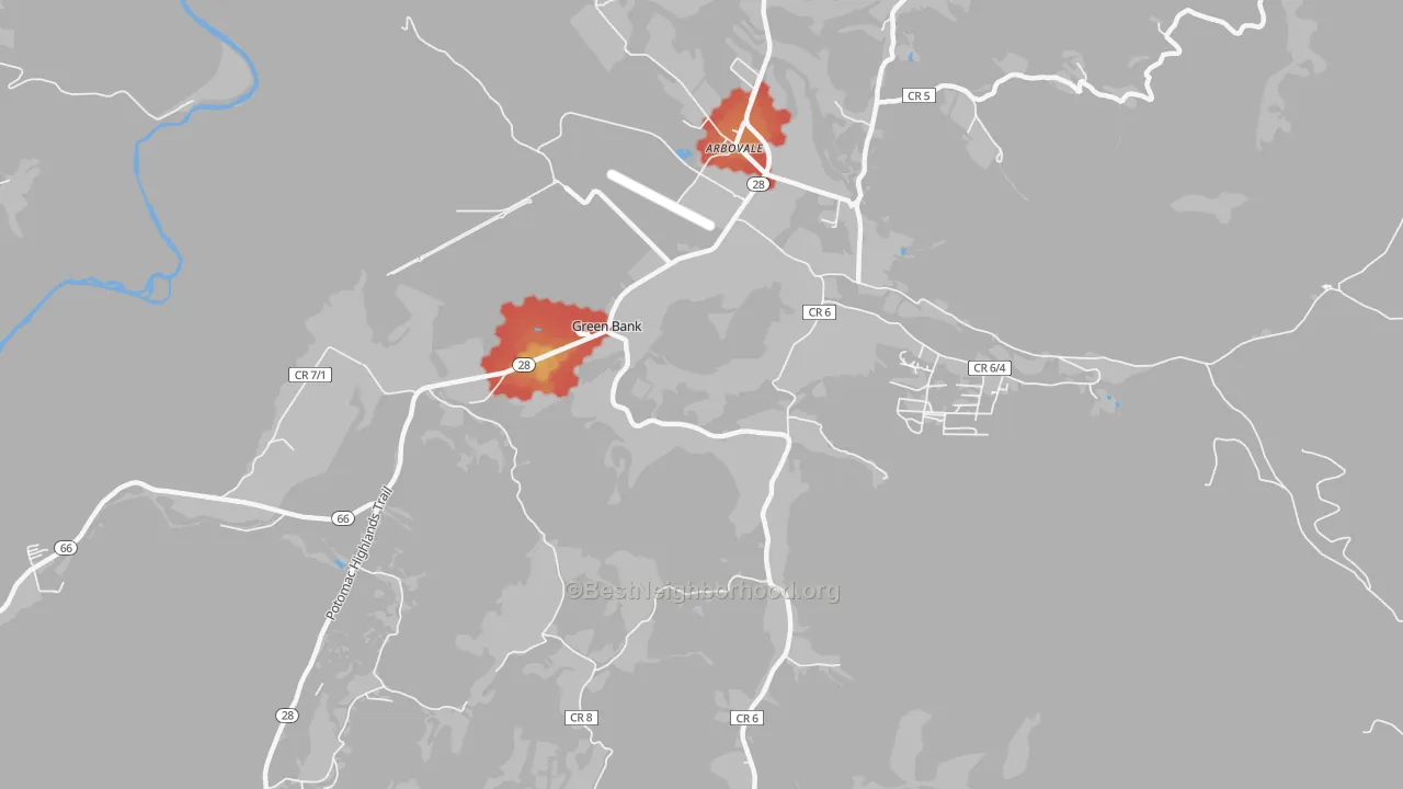 Walk Grade map of 24944, WV, walkable areas in green and car-dependent areas in red