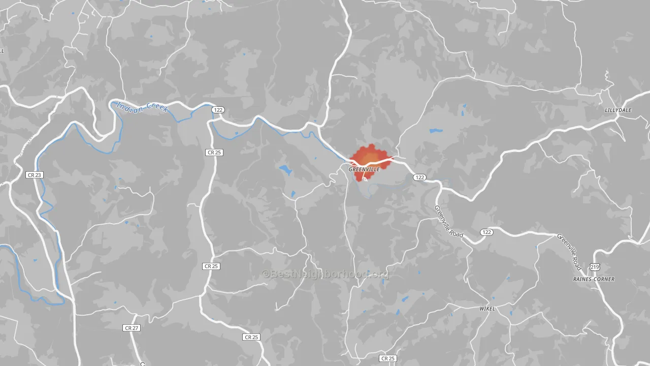 Walk Grade map of 24945, WV, walkable areas in green and car-dependent areas in red