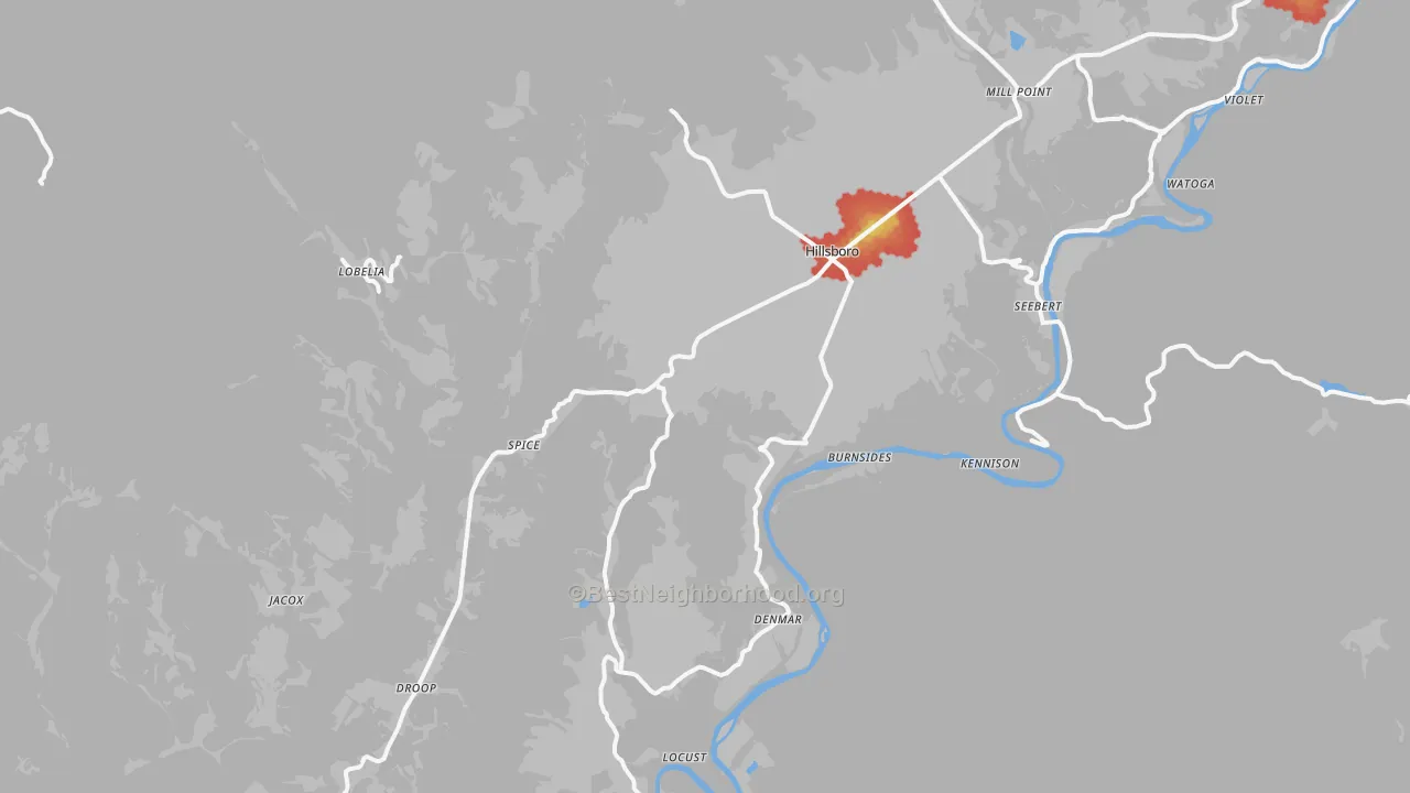 Walk Grade map of 24946, WV, walkable areas in green and car-dependent areas in red