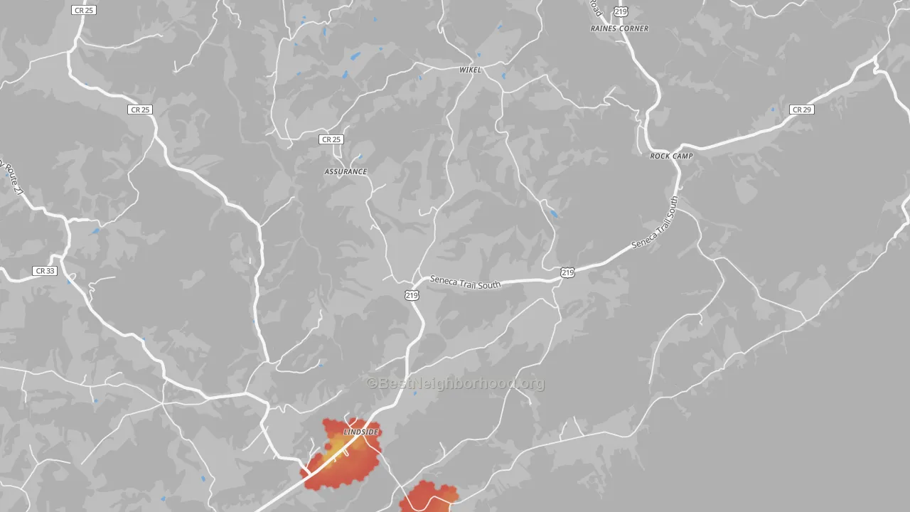 Walk Grade map of 24951, WV, walkable areas in green and car-dependent areas in red