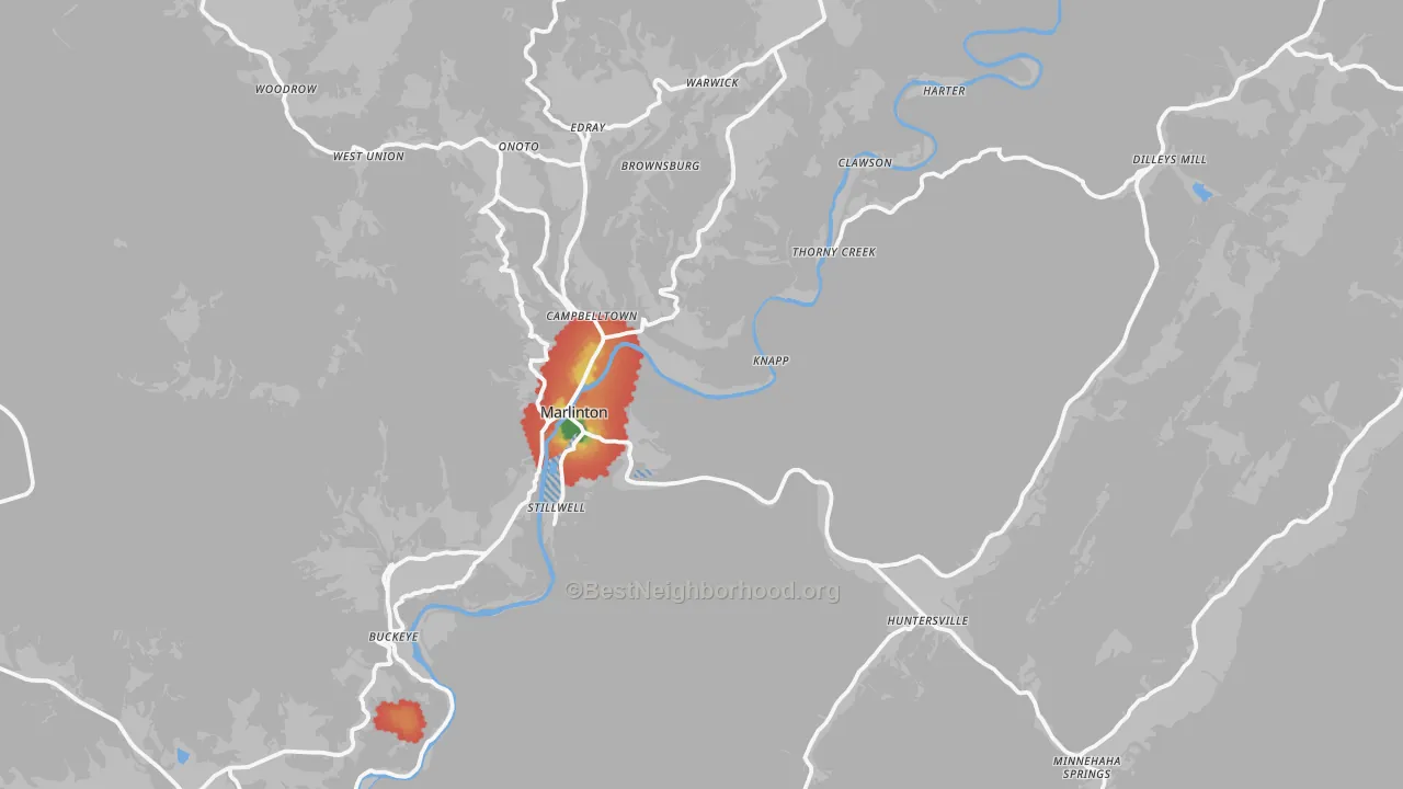 Walk Grade map of 24954, WV, walkable areas in green and car-dependent areas in red
