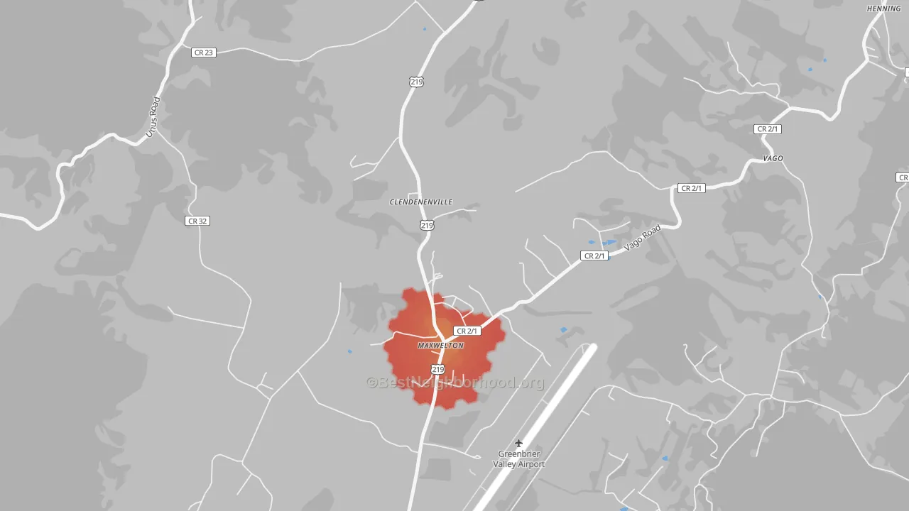 Walk Grade map of 24957, WV, walkable areas in green and car-dependent areas in red