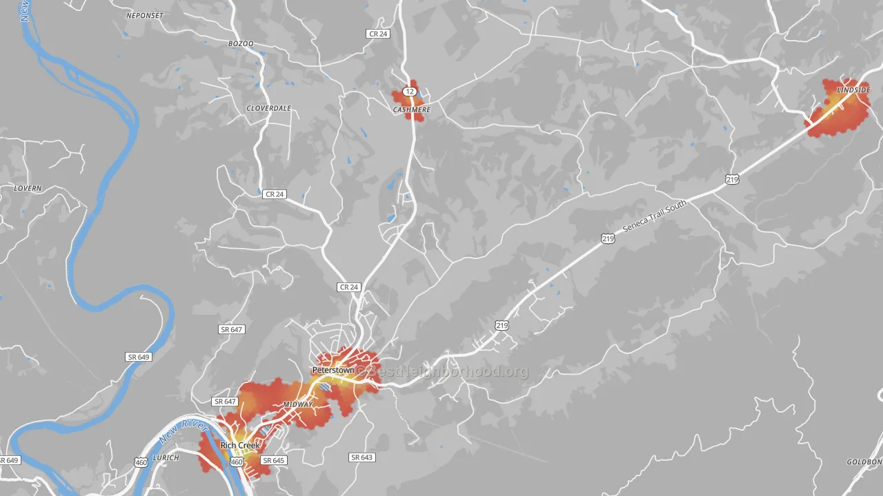 Walk Grade map of 24963, WV, walkable areas in green and car-dependent areas in red