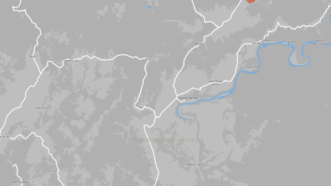 Walk Grade map of 24966, WV, walkable areas in green and car-dependent areas in red