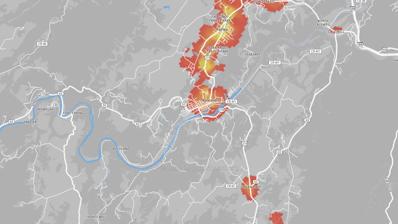 Walk Grade map of 24970, WV, walkable areas in green and car-dependent areas in red