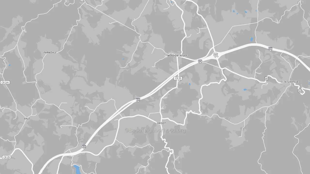 Walk Grade map of 24977, WV, walkable areas in green and car-dependent areas in red