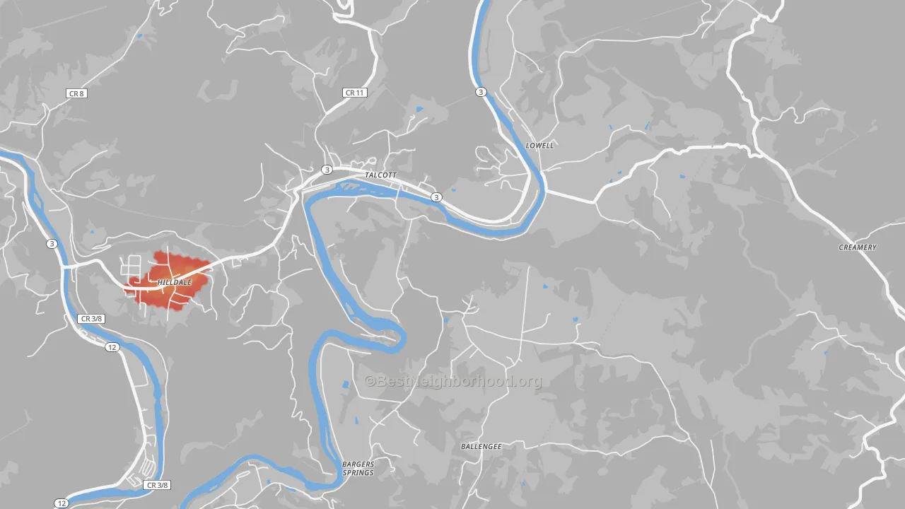 Walk Grade map of 24981, WV, walkable areas in green and car-dependent areas in red