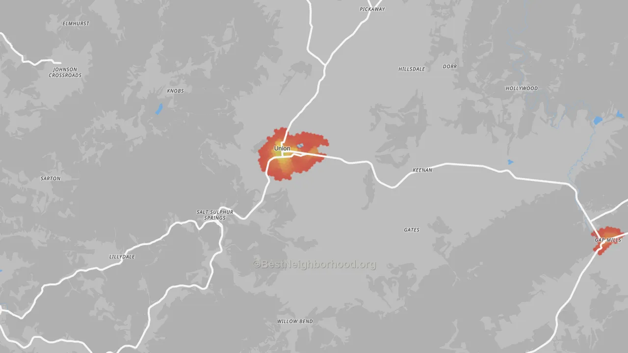 Walk Grade map of 24983, WV, walkable areas in green and car-dependent areas in red