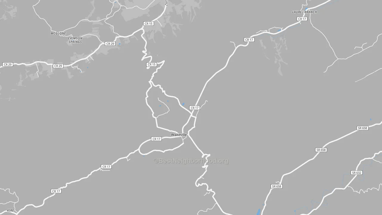 Walk Grade map of 24984, WV, walkable areas in green and car-dependent areas in red
