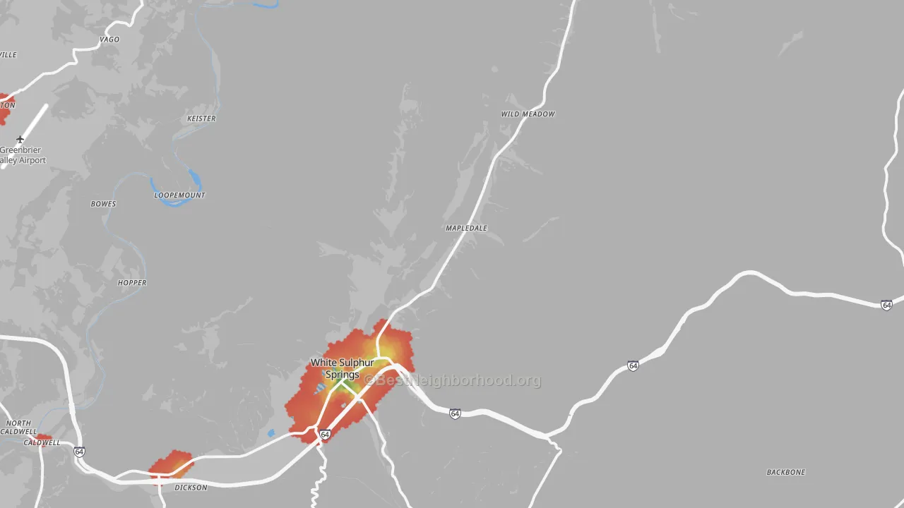 Walk Grade map of 24986, WV, walkable areas in green and car-dependent areas in red