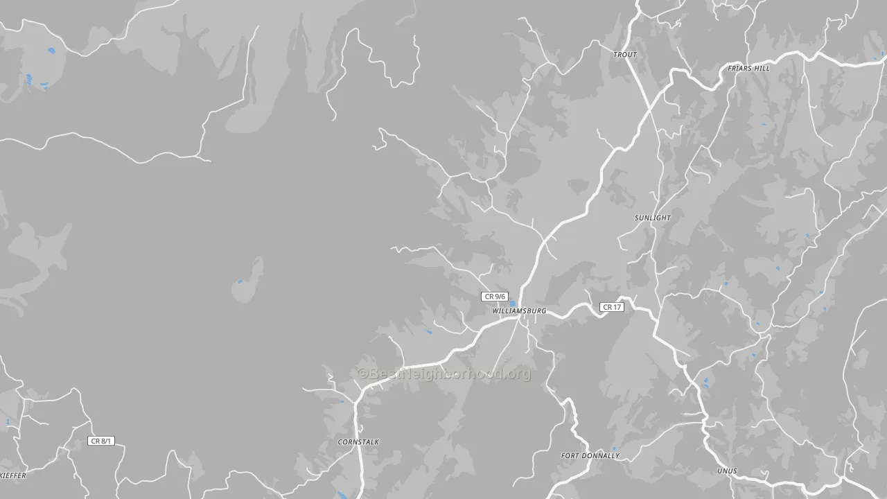 Walk Grade map of 24991, WV, walkable areas in green and car-dependent areas in red