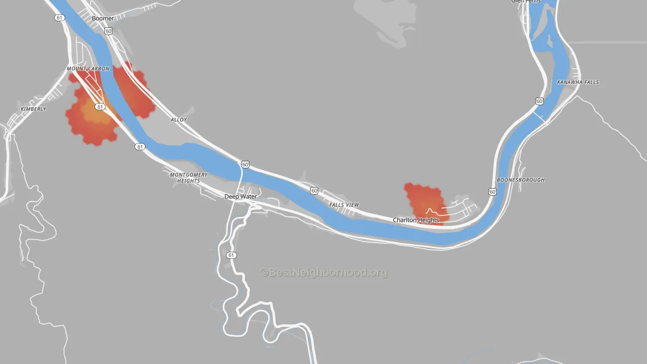 Walk Grade map of 25002, WV, walkable areas in green and car-dependent areas in red
