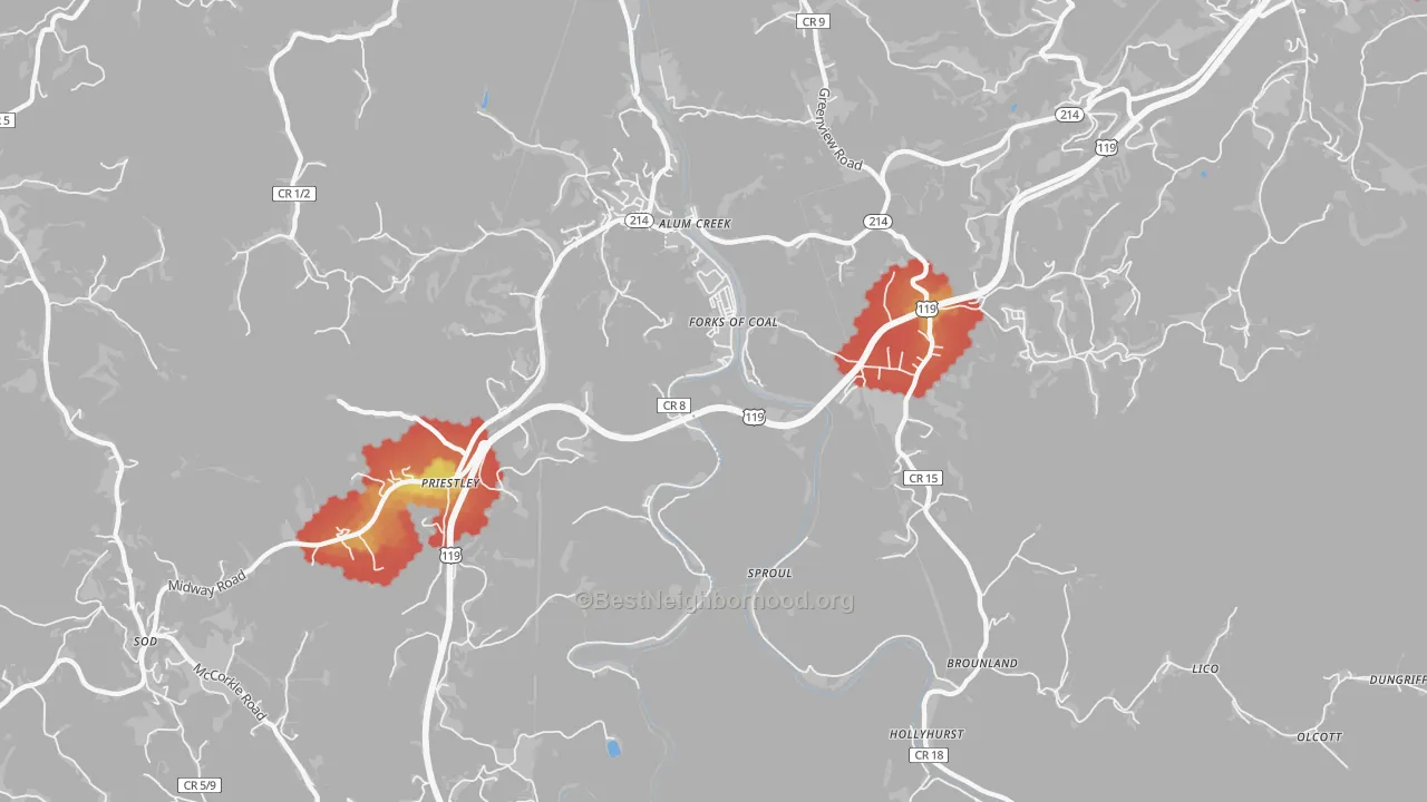 Walk Grade map of 25003, WV, walkable areas in green and car-dependent areas in red