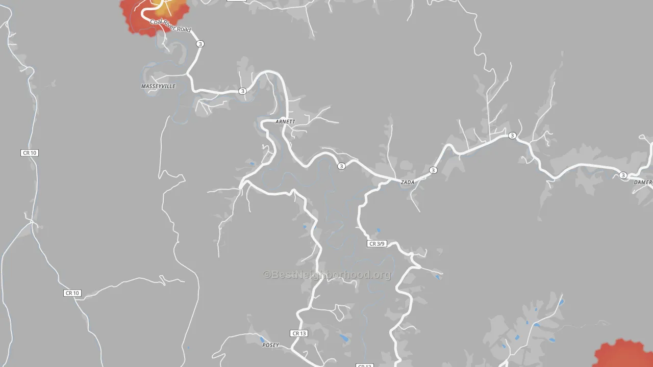Walk Grade map of 25007, WV, walkable areas in green and car-dependent areas in red