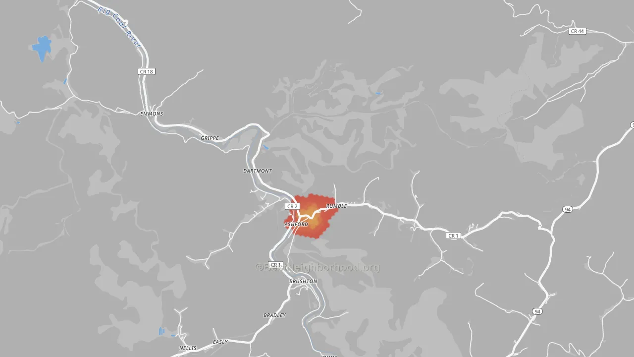 Walk Grade map of 25009, WV, walkable areas in green and car-dependent areas in red