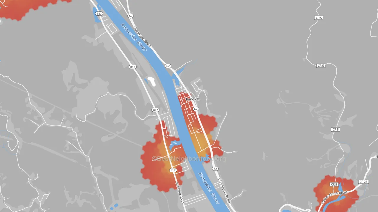 Walk Grade map of 25011, WV, walkable areas in green and car-dependent areas in red