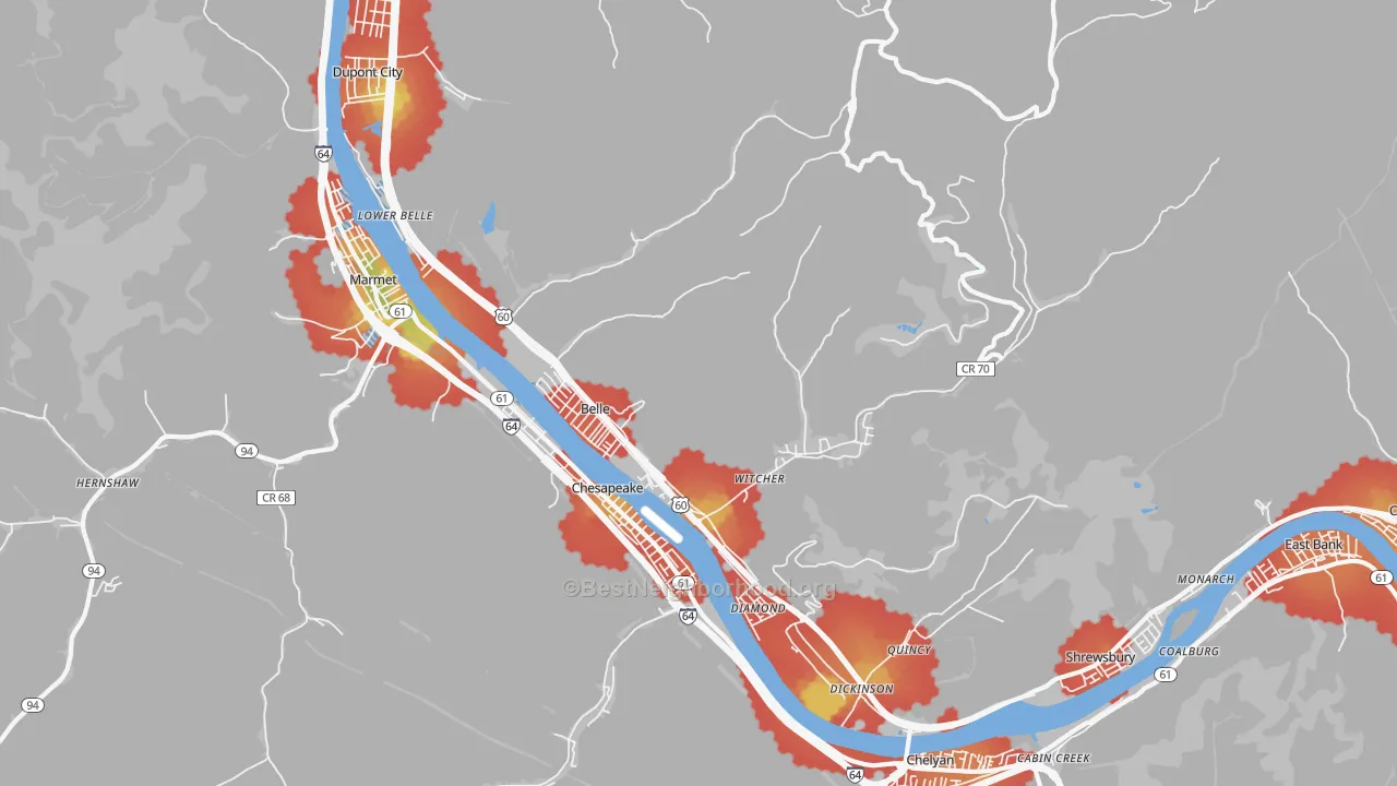 Walk Grade map of 25015, WV, walkable areas in green and car-dependent areas in red