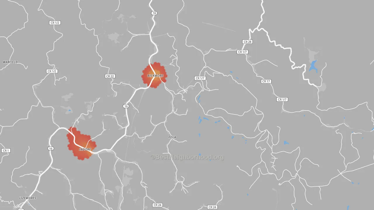 Walk Grade map of 25019, WV, walkable areas in green and car-dependent areas in red