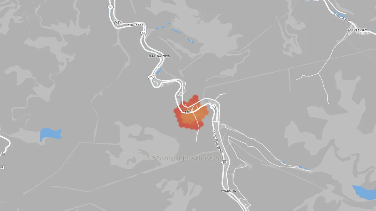 Walk Grade map of 25021, WV, walkable areas in green and car-dependent areas in red
