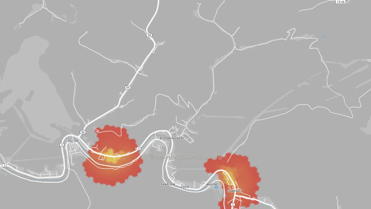 Walk Grade map of 25024, WV, walkable areas in green and car-dependent areas in red