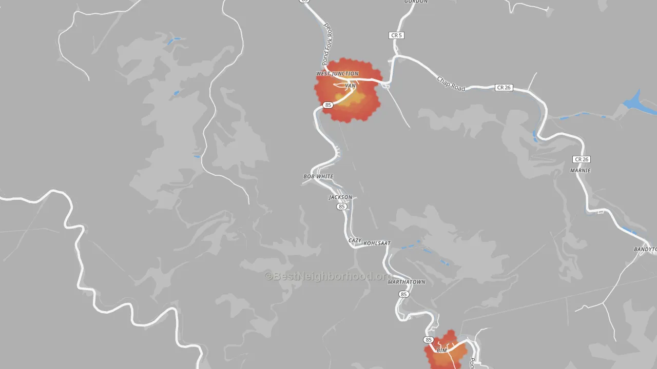Walk Grade map of 25028, WV, walkable areas in green and car-dependent areas in red