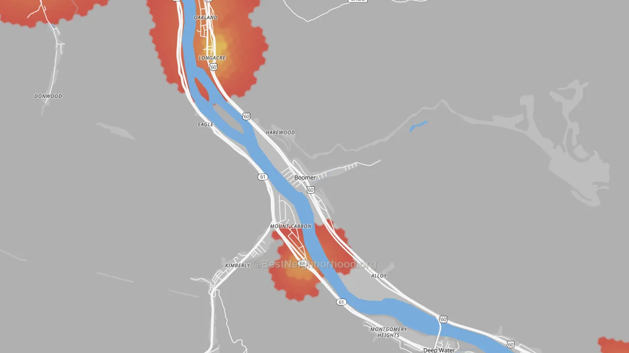 Walk Grade map of 25031, WV, walkable areas in green and car-dependent areas in red