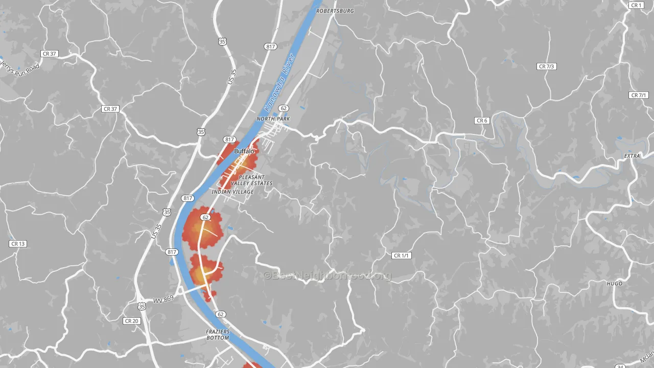 Walk Grade map of 25033, WV, walkable areas in green and car-dependent areas in red