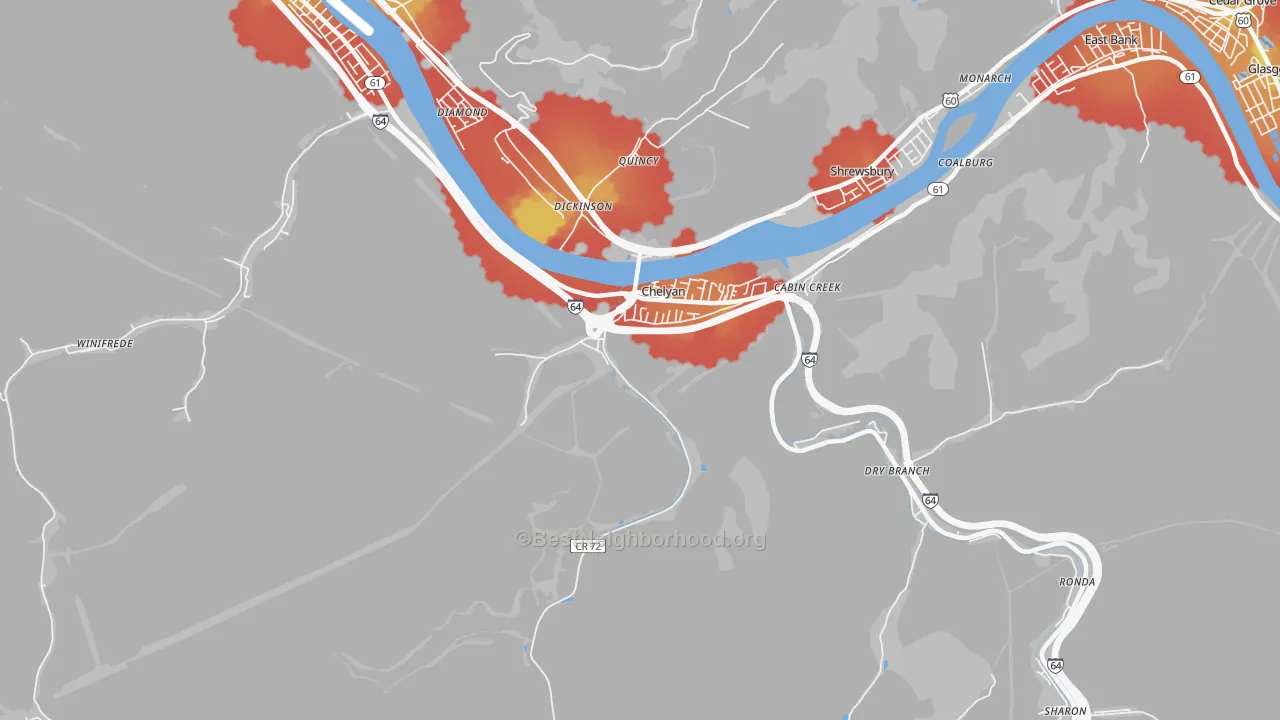 Walk Grade map of 25035, WV, walkable areas in green and car-dependent areas in red
