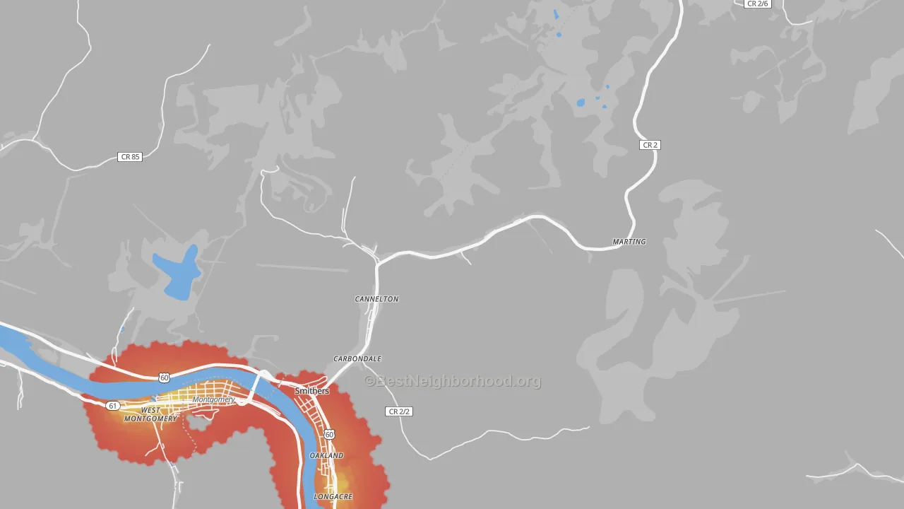 Walk Grade map of 25036, WV, walkable areas in green and car-dependent areas in red