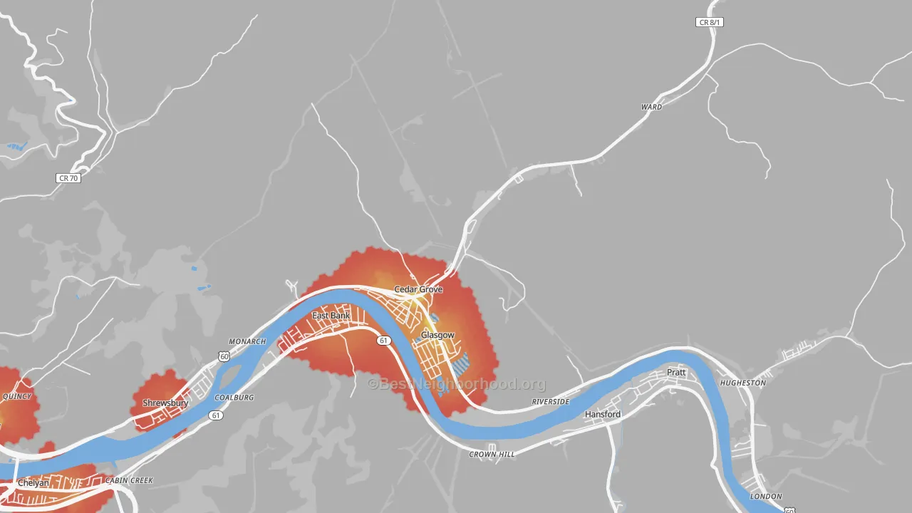 Walk Grade map of 25039, WV, walkable areas in green and car-dependent areas in red