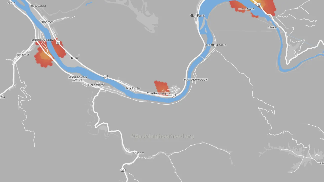 Walk Grade map of 25040, WV, walkable areas in green and car-dependent areas in red