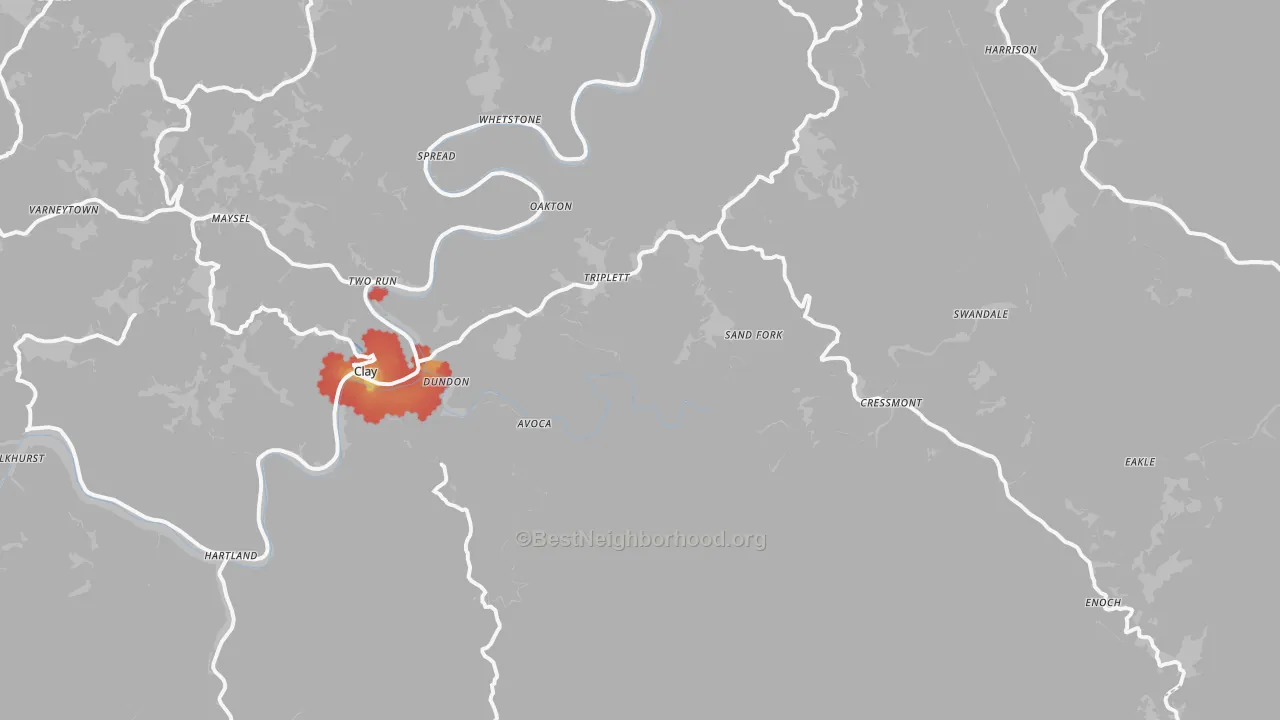 Walk Grade map of 25043, WV, walkable areas in green and car-dependent areas in red