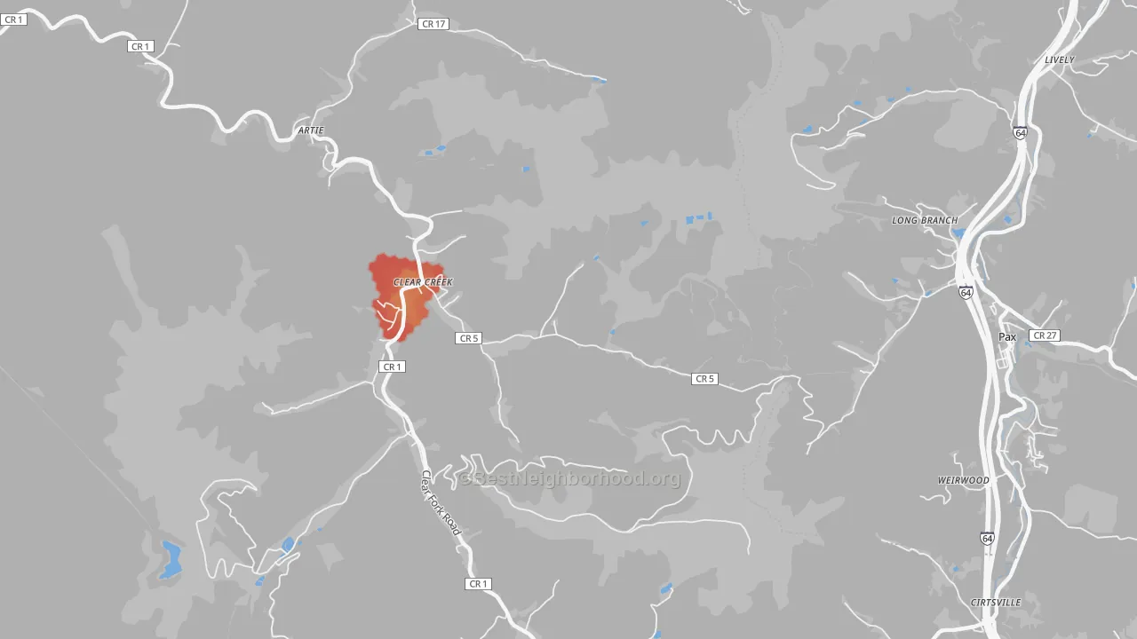 Walk Grade map of 25044, WV, walkable areas in green and car-dependent areas in red