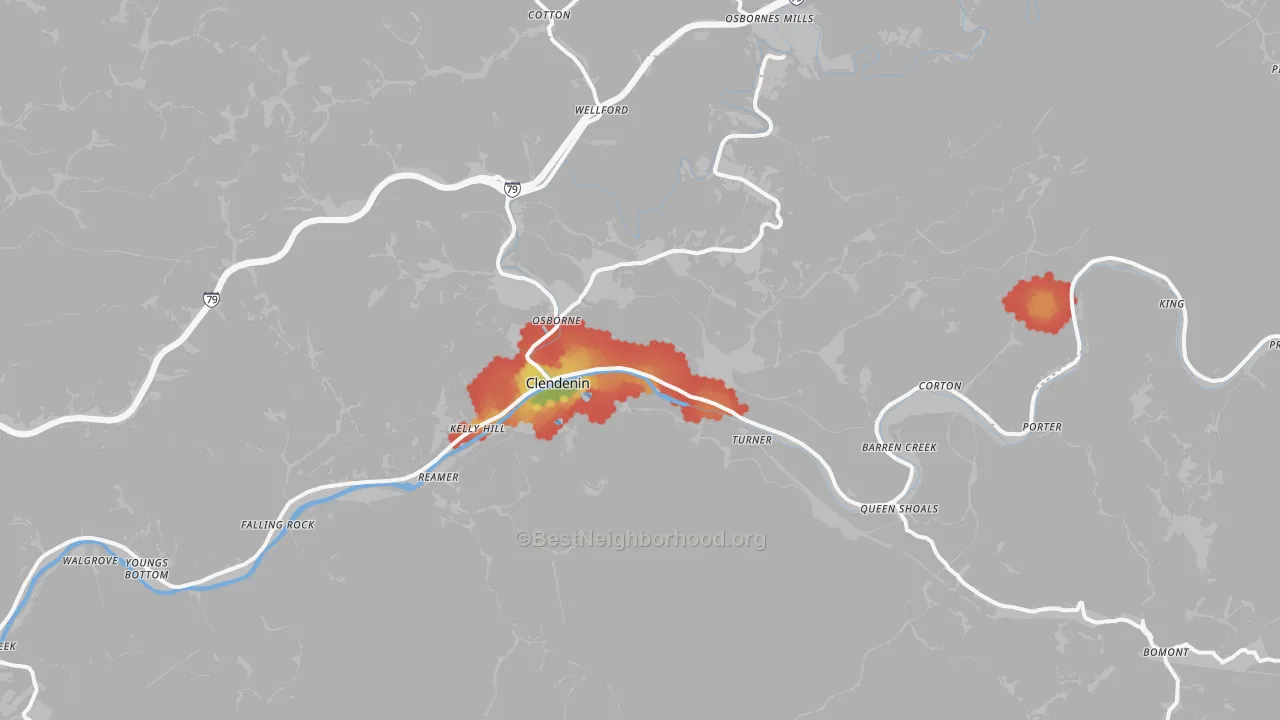 Walk Grade map of 25045, WV, walkable areas in green and car-dependent areas in red