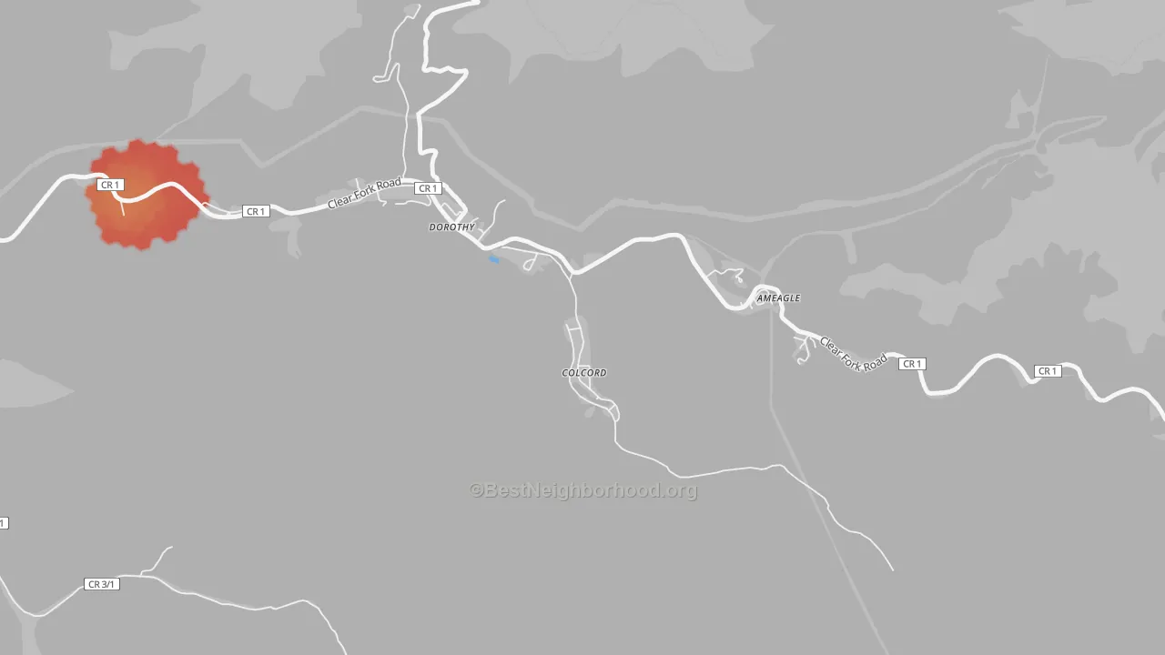 Walk Grade map of 25048, WV, walkable areas in green and car-dependent areas in red