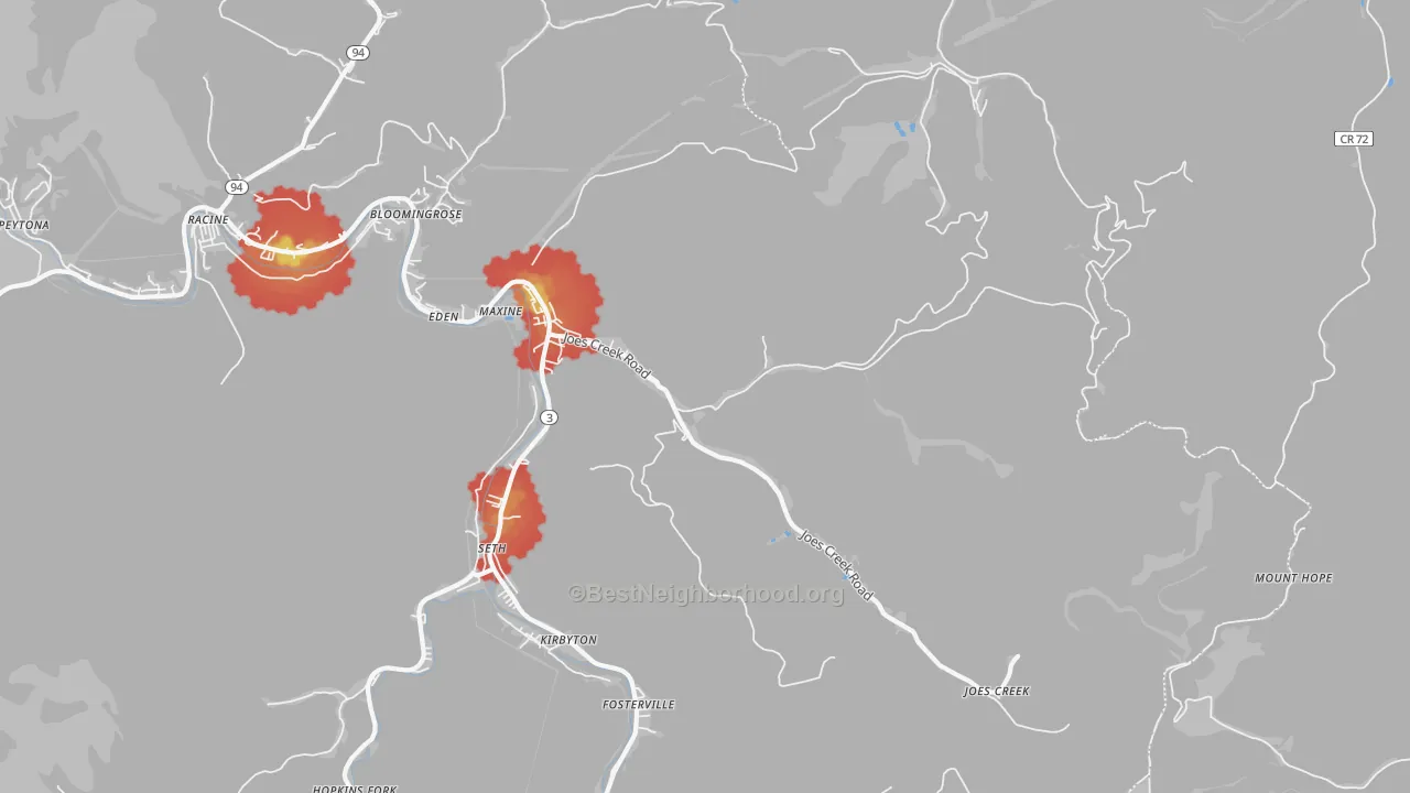 Walk Grade map of 25049, WV, walkable areas in green and car-dependent areas in red