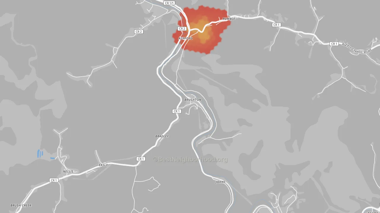 Walk Grade map of 25051, WV, walkable areas in green and car-dependent areas in red