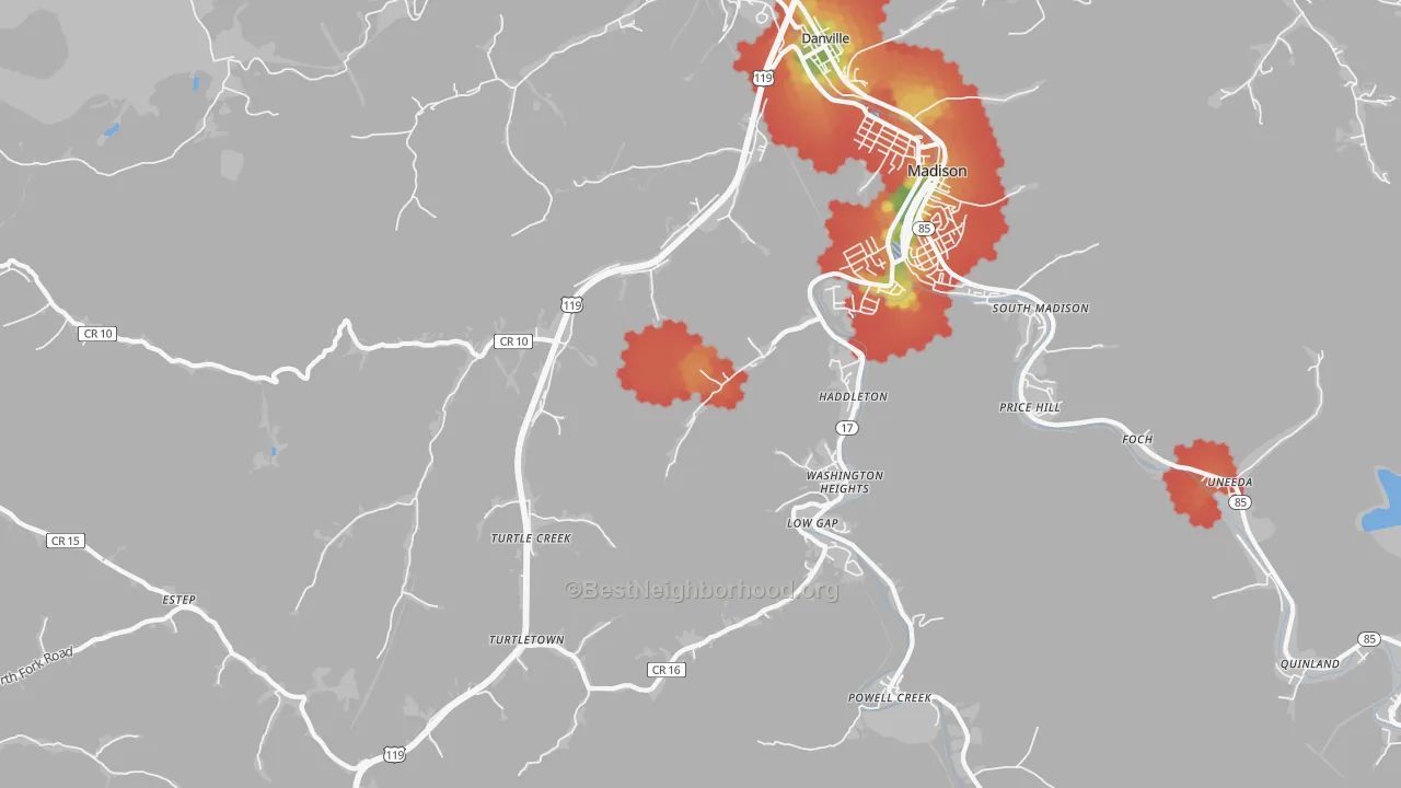 Walk Grade map of 25053, WV, walkable areas in green and car-dependent areas in red
