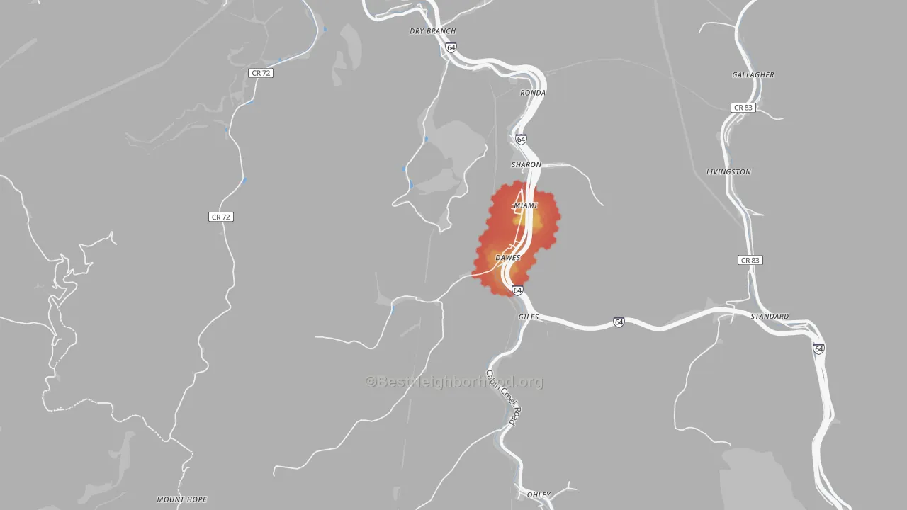 Walk Grade map of 25054, WV, walkable areas in green and car-dependent areas in red