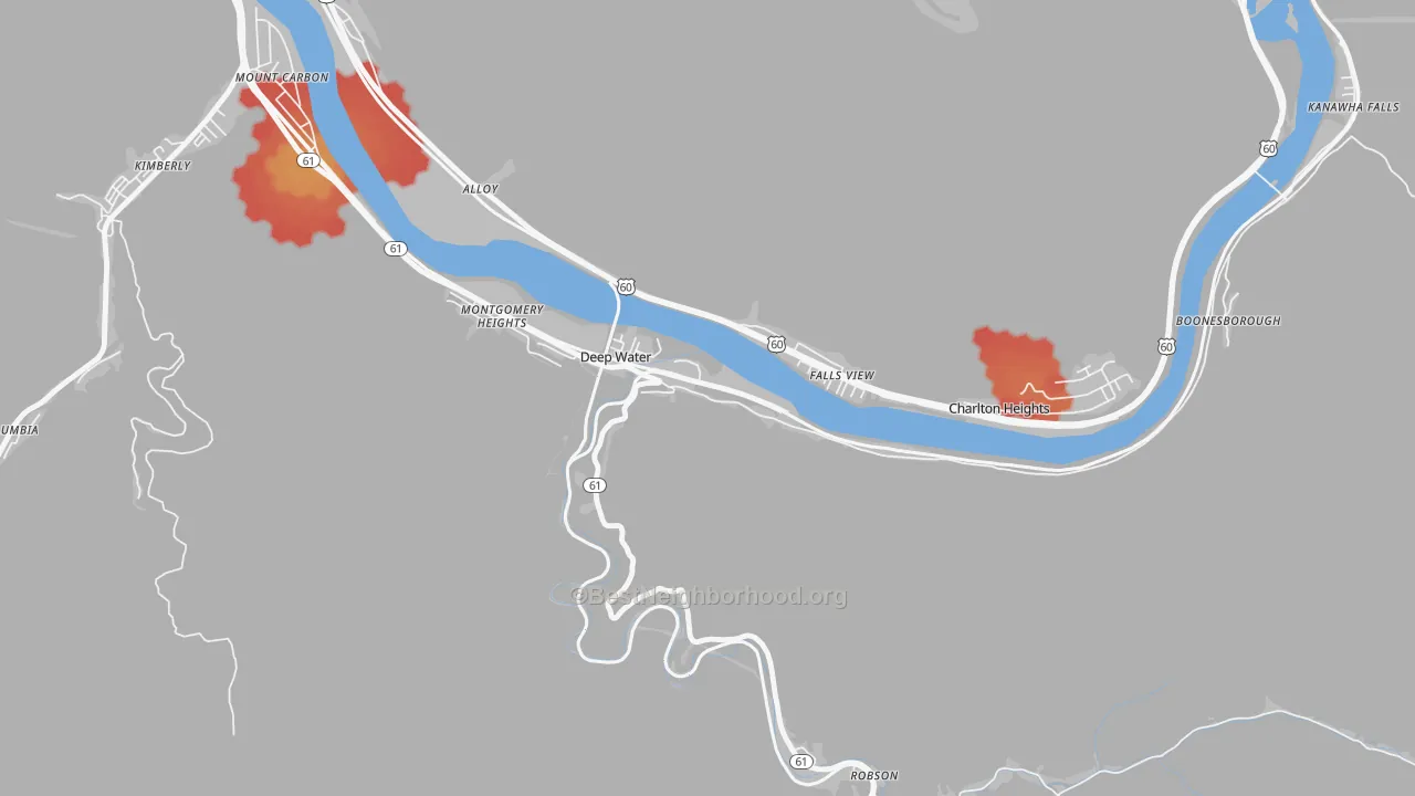 Walk Grade map of 25057, WV, walkable areas in green and car-dependent areas in red