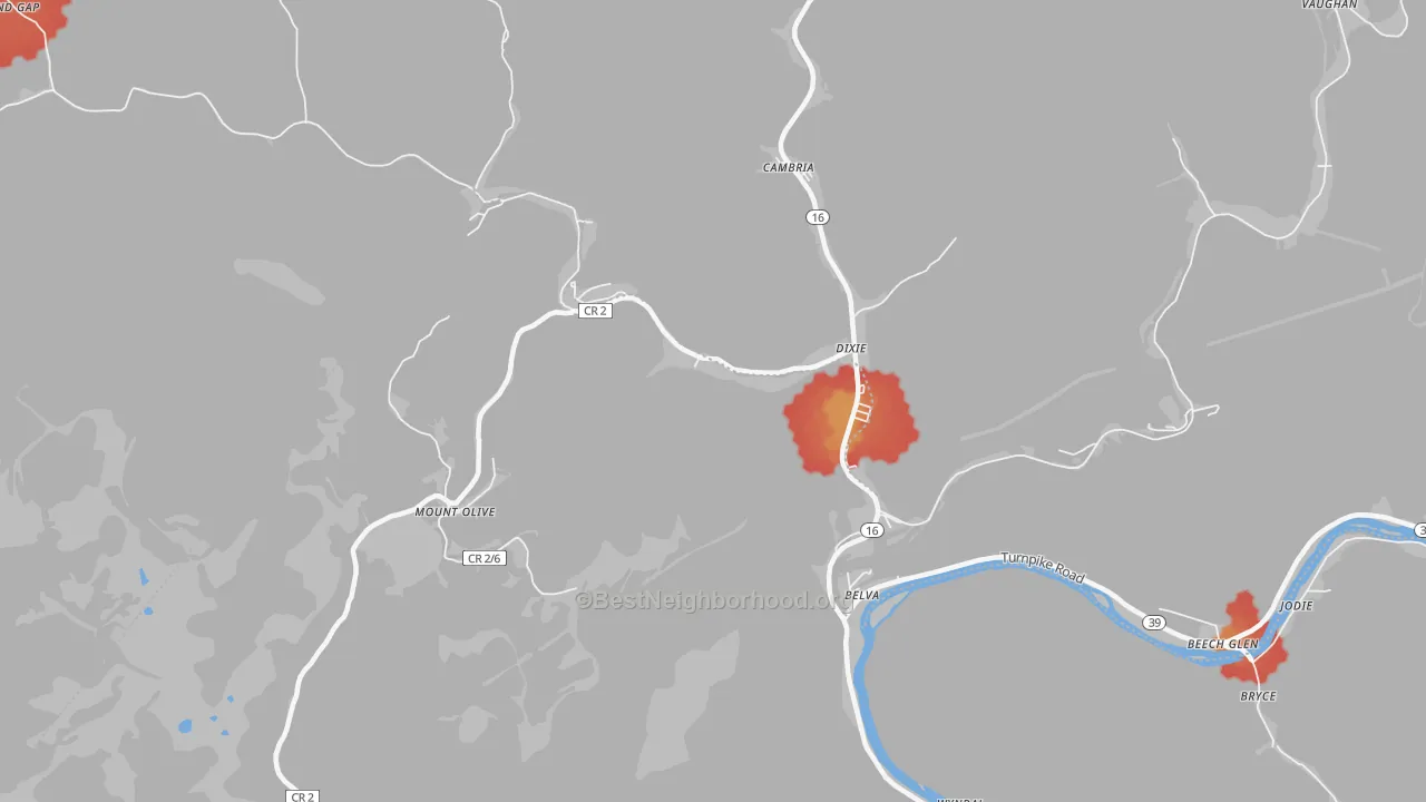Walk Grade map of 25059, WV, walkable areas in green and car-dependent areas in red