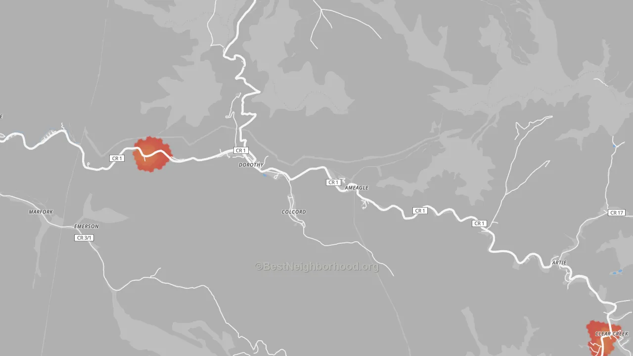 Walk Grade map of 25060, WV, walkable areas in green and car-dependent areas in red